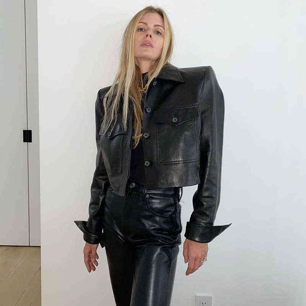 

2022 new spring autumn all-match turn down collar pu long-sleeved short jacket women's shoulder pad faux leather jackets l220728, Black