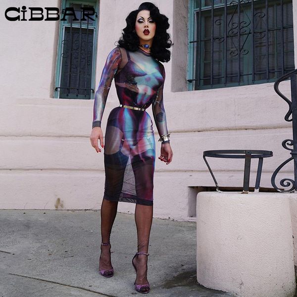 

cibbar aesthetic harajuku mesh body printing slim midi dress y2k o neck long sleeve see through bodycon dresses clubwear 220521, Black;gray