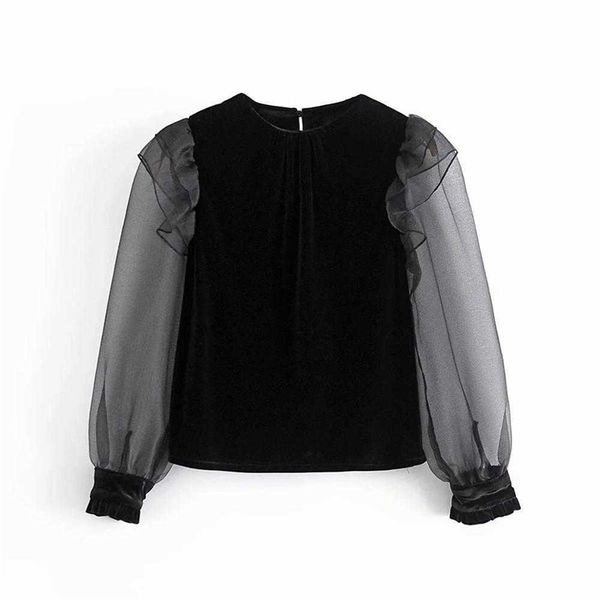 

women contrast velvet blouse mesh long puff sleeves fashion chic casual woman blouse shirt femme mujer blusas 210709, White