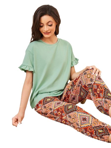 

flounce sleeve & geo print pants pj set e7eh#, Black;red