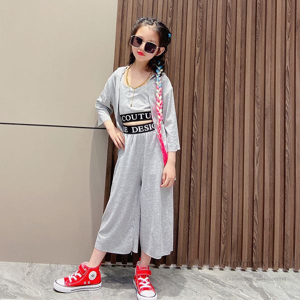 

fashion kids letter printed casual clothing sets girls high waist tank long sleeve cardigan+loose pants 3pcs children sports outfits q6201, White
