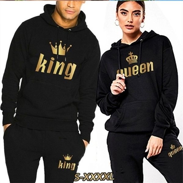 

fashion couple sportwear set king or queen printed hooded suits 2pcs male and femaie hoodie pants 220325, Black