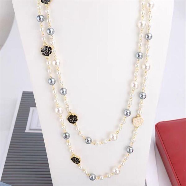 

whole- luxury designer classic style elegant camellia flower pearl chain long sweater statement necklace for woman251e, Black
