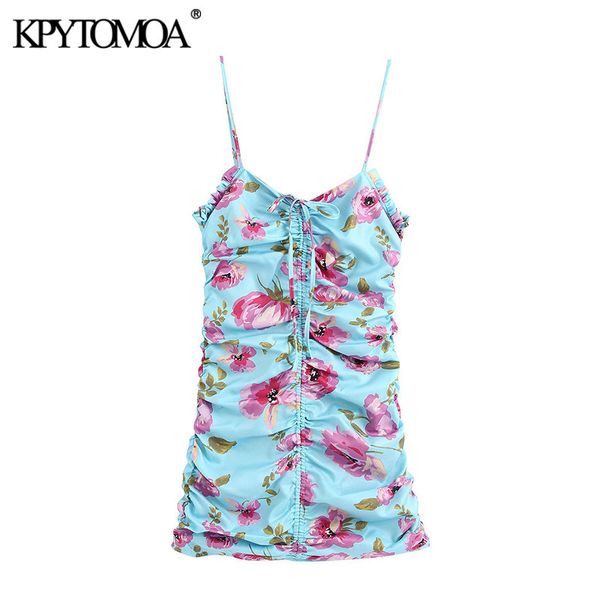 

women chic fashion floral print draped mini dress vintage v neck back zipper adjustable straps female dresses 210416, Black;gray