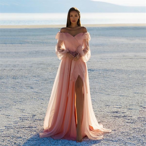 

elegant bateau neck prom dresses long sleeves ruched side split cocktail party women wear a line special occasion vestidos, Black