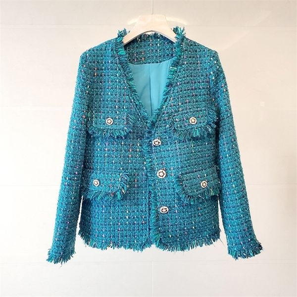 

runway fall winter french sweet v neck tweed women's woollen elegant pocket design coats outerwear 220817, Black;brown