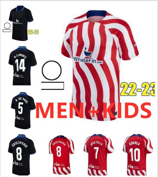 

new 22 23 men kids kit soccer jerseys home away 3rd koke griezmann joao felix 2022 2023 m. llorente madrid correa koke lemar carrasco footba, Black;yellow