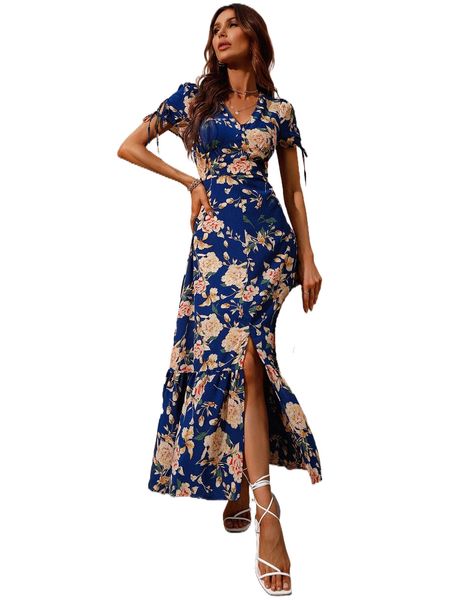 

allover floral print split ruffle hem dress r1vh#, Black;gray