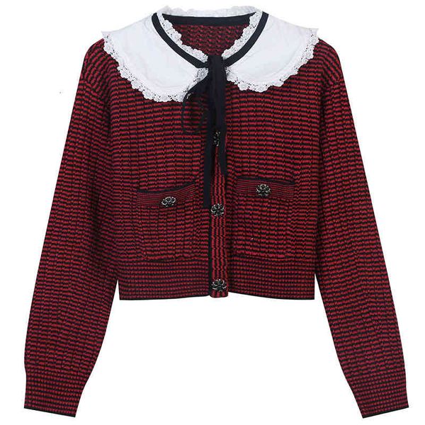 

women's sweaters spring 2022 striped color matching doll collar gauze net bow tie slim knit cardigan women zxh4, White;black