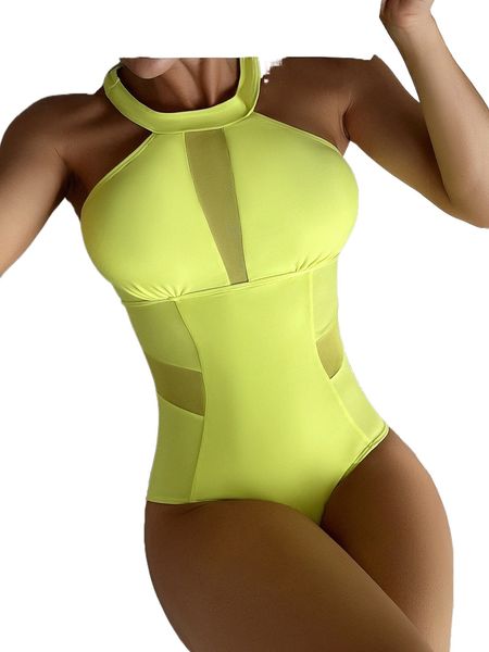 

solid contrast mesh one piece swimsuit l3ul#, White;black