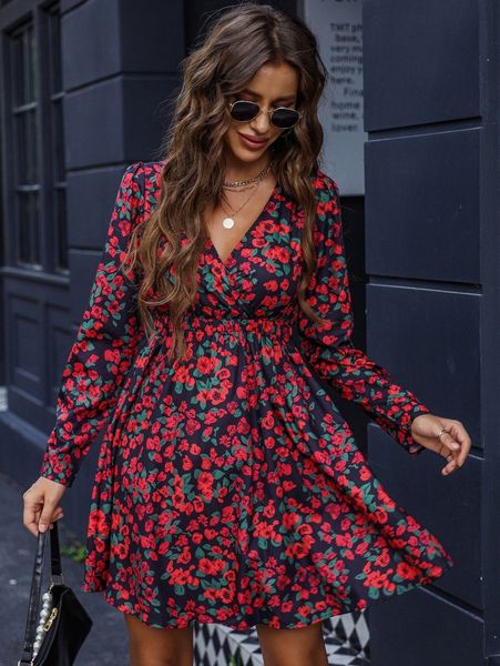 

floral print surplice neck elastic waist dress r4j6#, Black;gray