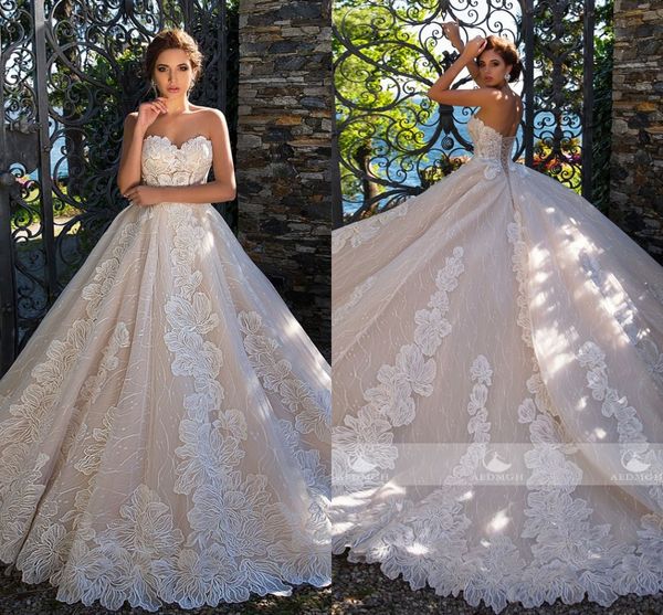 

2022 romantic ivory champagne wedding dress a-line princess luxurious floral lace beach bridal dresses party corset back, White