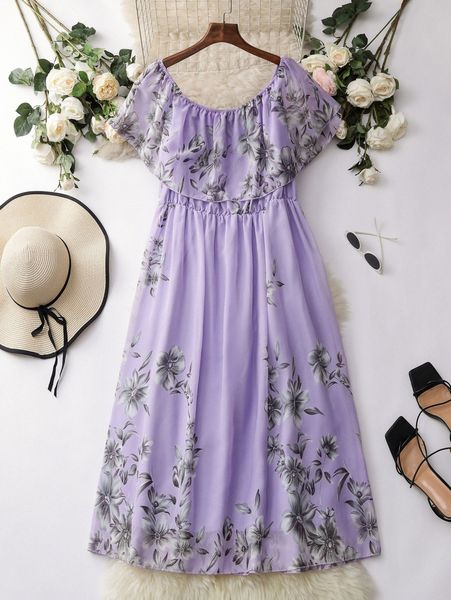 

plus floral print ruffle trim chiffon dress m0wa#, Black
