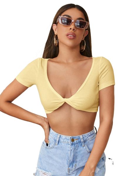 

twist front rib-knit crop t2uk#, White