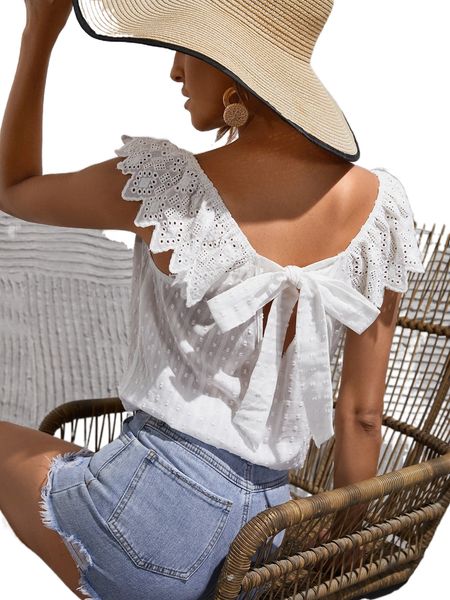 

swiss dot eyelet embroidery ruffle trim tie back blouse 95kb#, White