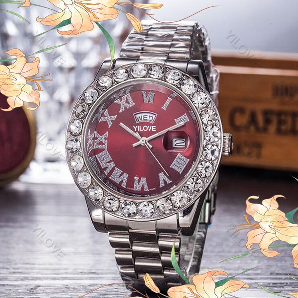 

14 color men's president diamond bezel case watch masculine fashion stainless steel clock europe imported quartz waterproof gift wristw, Slivery;brown