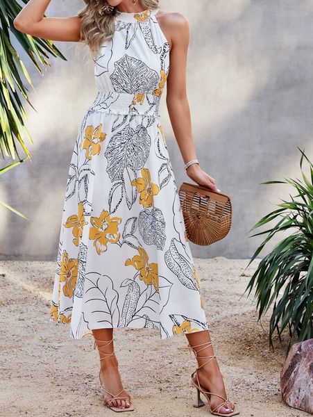 

floral & leaves print halter dress q9pl#, Black;gray
