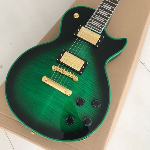 

green electric guitar tiger maple bass guitar