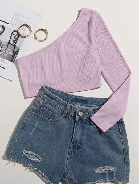 

one shoulder rib-knit crop tee u4et#, White