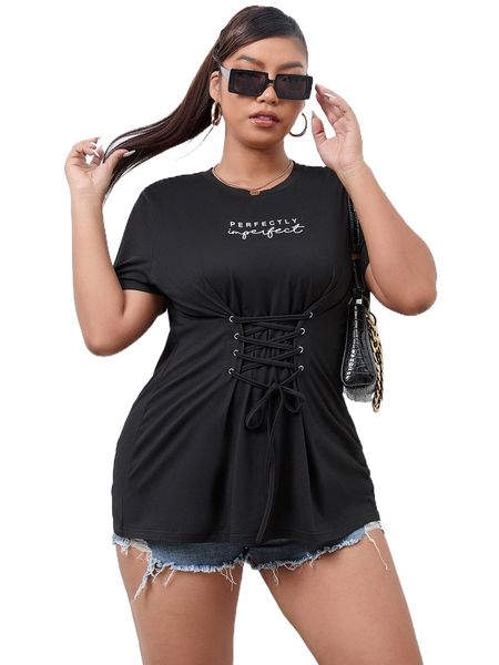 

plus letter graphic lace-up front tee e0v2#, Black