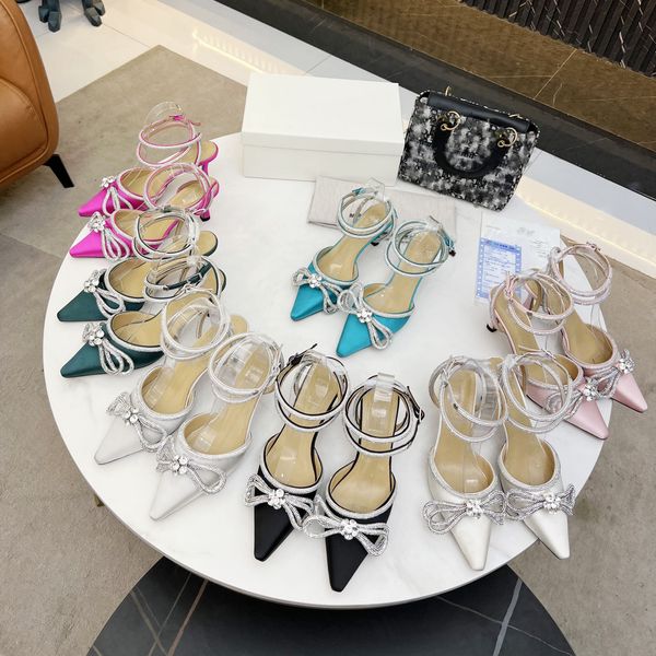 

luxury designer women summer sandals women slippers leather shoes high heel crystal bow diamond gem pure silk piece goods princess wedding p, Black