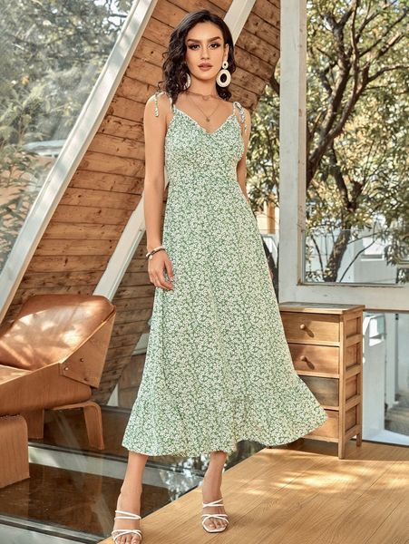 

tie shoulder ditsy floral cami dress b6wn#, Black;gray