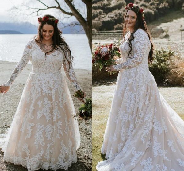 

long sleeves country boho wedding dresses plus size lace applique sweep train beach bridal gowns vestidos de novia, White