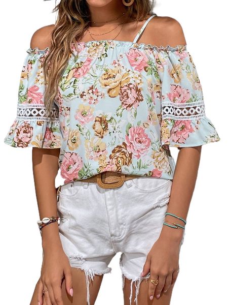 

floral print guipure lace panel cold shoulder flounce sleeve blouse j6mq#, White