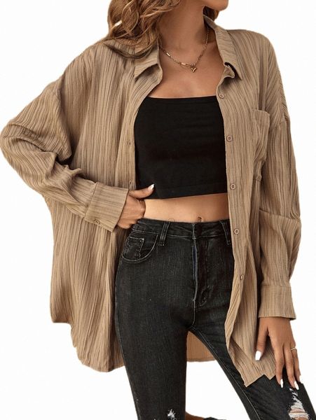 

drop shoulder curved hem pocket patched shirt 99gz#, White
