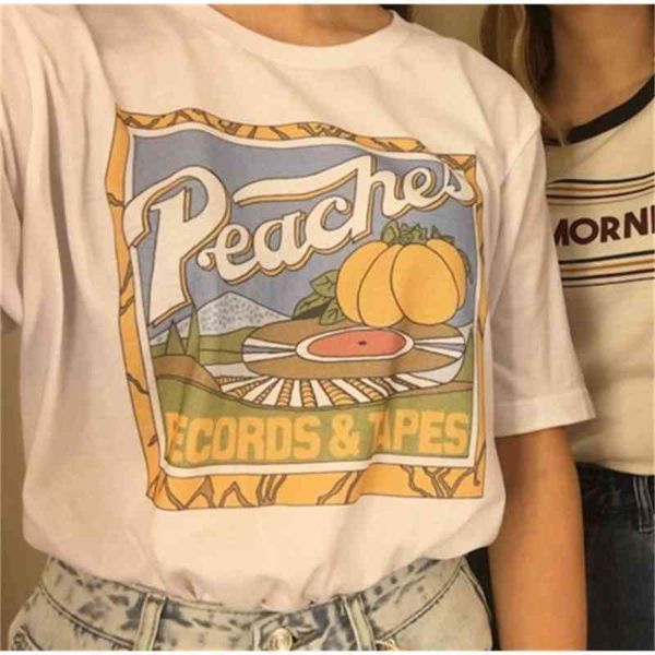 

kuakuayu hjn vintage fashion peaches records tapes tshirt hipsters grunge style graphic tee 210320, White