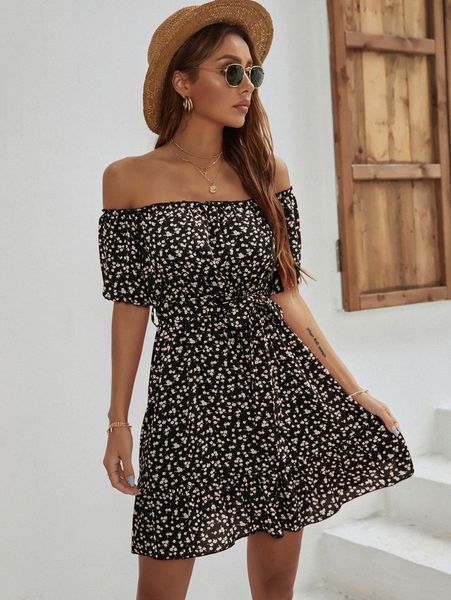 

ditsy floral print belted off the shoulder dress n77f#, Black;gray