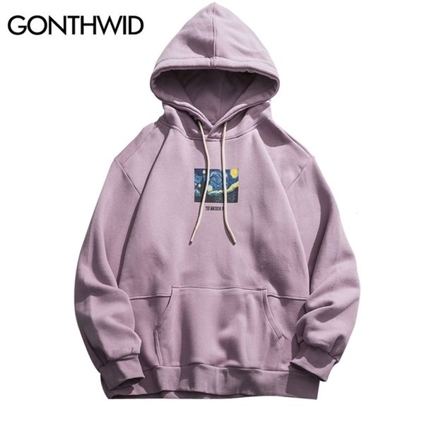 

gonthwid van gogh starry night print fleece hoodies sweatshirts streetwear men hip hop pullover hooded male harajuku jumper 210730, Black