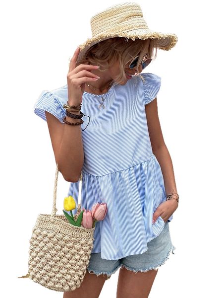

striped ruffle trim peplum blouse j0c5#, White