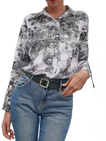 

graphic print button front blouse c0cg#, White