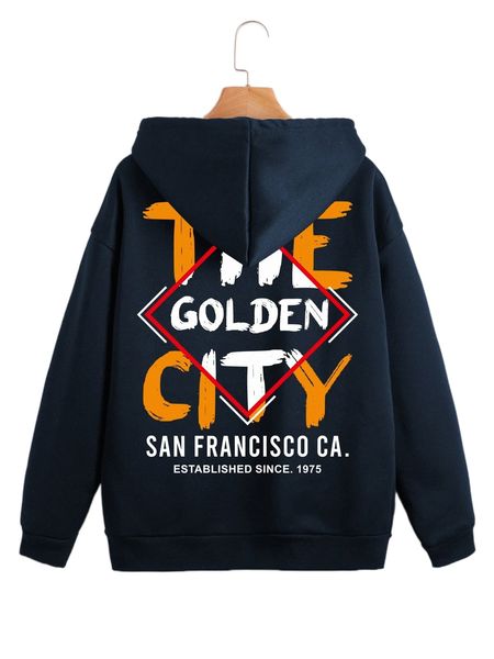 

argyle & letter graphic drop shoulder drawstring zipper thermal hoodie l1tc#, Black