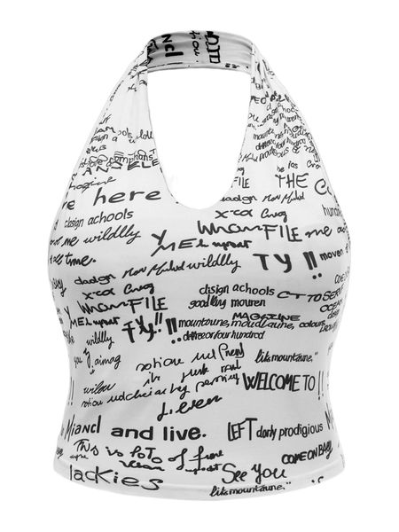 

plus allover letter graphic crop halter a6c6#, Black