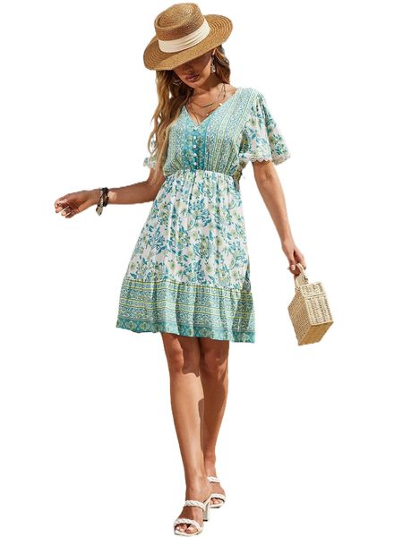 

floral print lace panel dress m4vv#, Black;gray
