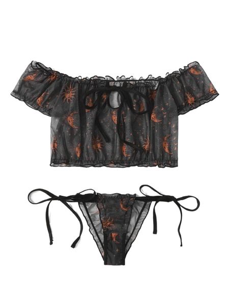

romwe x beereckless skull print mesh lingerie set k26d#, Black;red