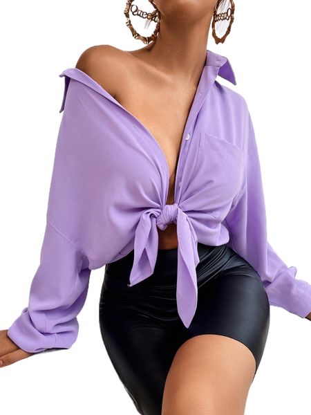 

pocket patched curved hem drop shoulder shirt z8u6#, White