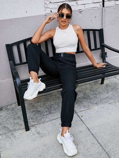 

high waist buckled belted pants g2gi#, Black;white