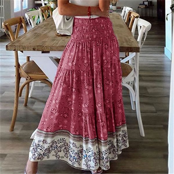 Boho Casual Print Maxi Юбка Женская Летняя мода Сексуальная высокая талия юбки розовый пляж цветочные юбки Aline Long Femme 220611