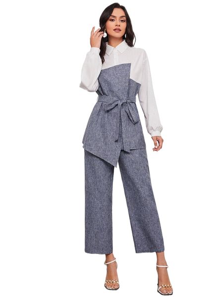 

x iman troye two tone drop shoulder asymmetrical hem belted & pants l0qw#, White
