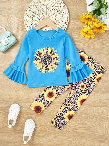 

toddler girls leopard & sunflower print trumpet sleeve tee & leggings she, White