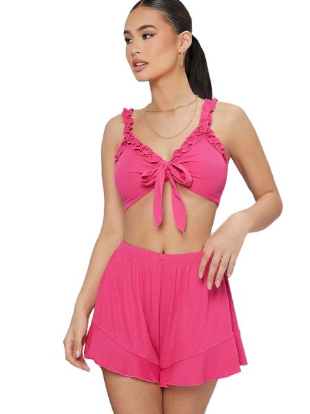 

frill trim cami & ruffle hem shorts set p46j#, White