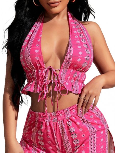 

sxy tie front ruffle hem backless halter w2xw#, White