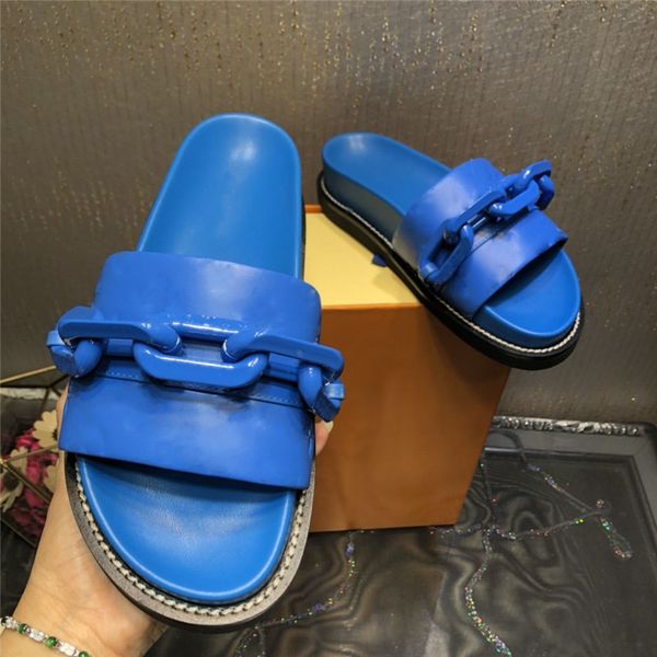 

designer luxury womens sunset flat comfort mule slippers blue calf leather embossed flip flop flat slipper with box dust bag, Black