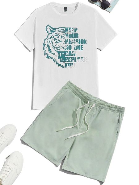 

men tiger & slogan graphic tee & slant pockets shorts s3uo#, Gray