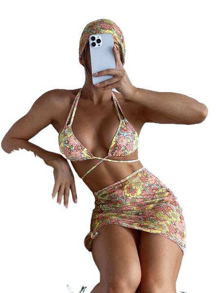 

floral halter triangle bikini swimsuit with bandana&beach skirt j1wk#, White;black