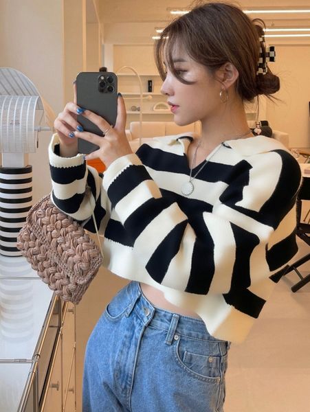 

dazy stripe pattern drop shoulder crop sweater l60q#, White;black
