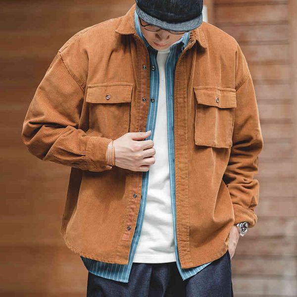 

men's tracksuits madden work clothes loose lapel corduroy jacket spring and autumn single breasted pocket wear shirt men's fashion, Gray